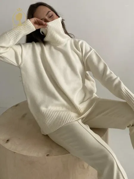 Женские свитера, осенне-зимний женский свитер 2023, модный мешковатый сплошной цвет с водолазкой, повседневный свободный темпераментный вязаный пуловер для