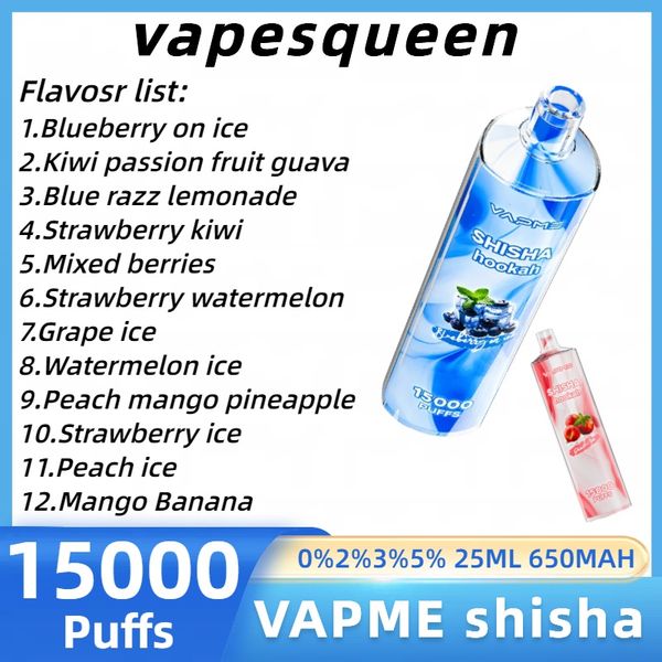 Original VAPME SHISHA 15000 Züge Einweg-Vape-Stift Mesh-Spule 650 mAh wiederaufladbar 25 ml vorgefüllter Pod 12 Geschmacksrichtungen Puff 15K Dampf-E-Zigarette im Vergleich zu BANG BOX Puff 12k