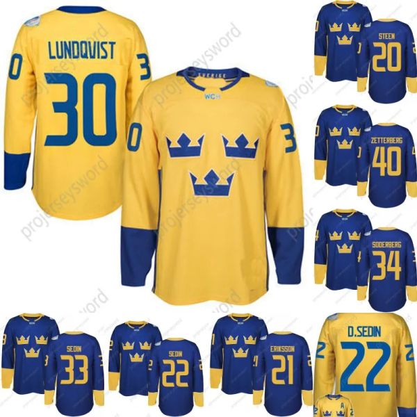 2016 Copa do Mundo Seleção Sueca Camisas de Hóquei Lundqvist Markstrom Ekman Larsson Sedin Eriksson Steen Backstrom Silfverberg Camisas de Hóquei Personalizadas 62