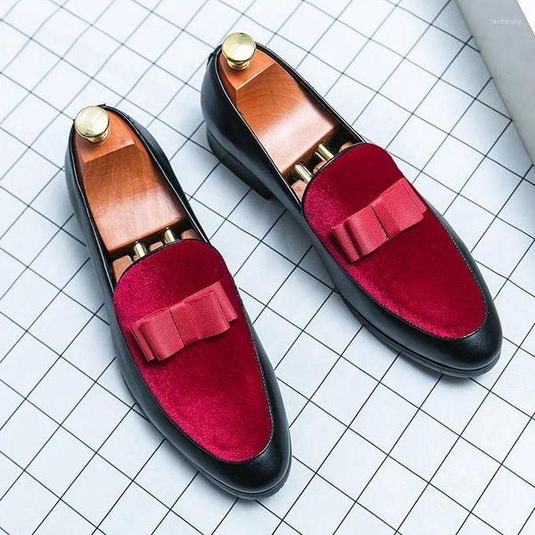 Elbise Ayakkabı Moda Kırmızı Sıradan Deri Loafers Erkekler Zarif Yay Erkekler Düğün Kadronu Slip-On Erkekler Sosyal Büyük Boyut 38-48