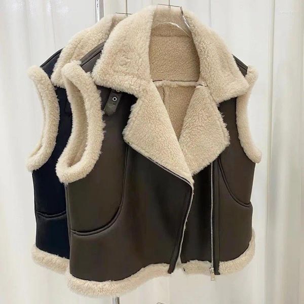 Coletes femininas colete de pele de cordeiro outono inverno mulheres camurça jaqueta de lã gola zíper motocicleta grossa quente preto / café sem mangas shearling