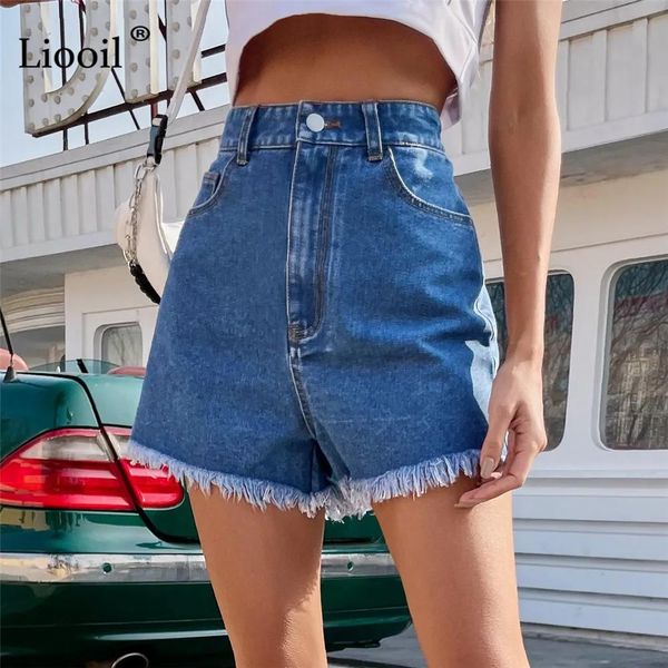 Jeans liooil blu pantaloncini in denim donna alta donna con tasche bottoni nappa da donna ladies jeans shorts 2021 jeans streetwear estivi