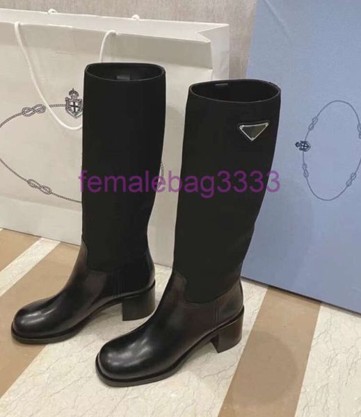 Botas de alta qualidade Nylon bloco robusto salto alto bota de couro sola designer de luxo feminino moda vestido de festa sapatos fábrica calçado 33