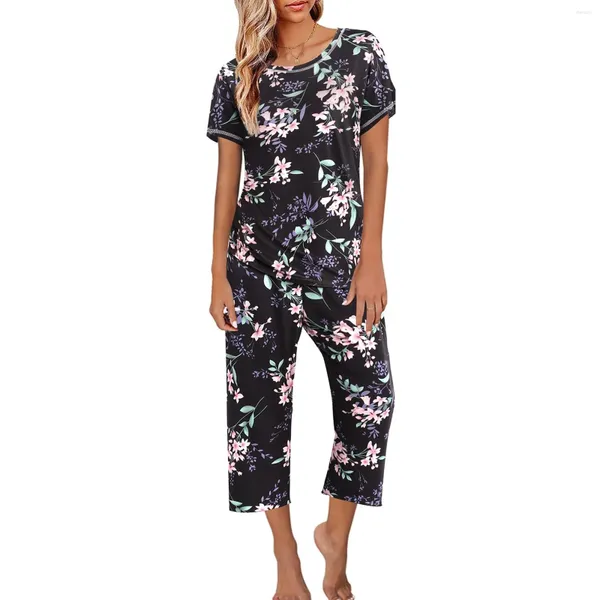 Damen-Nachtwäsche, Damen-Pyjamas, kurzärmelige Oberteile und Capri-Hosen, bedruckte Pyjama-Sets mit Taschen-Anzug
