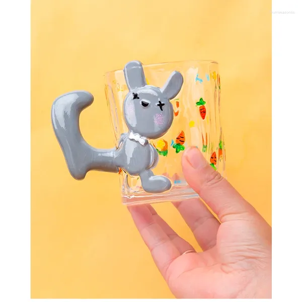 Canecas Copo de vidro bonito dos desenhos animados com alça anti-escaldante adorável copos infantis leite chá suco de leite