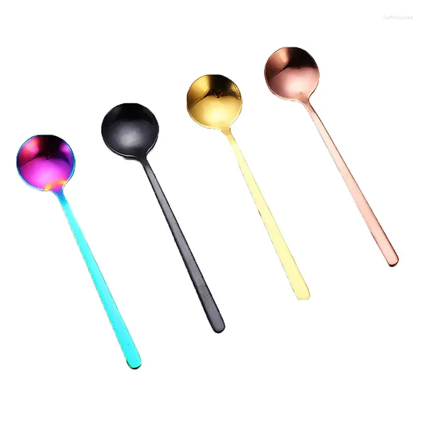 Colheres de café sobremesa de aço inoxidável pequena colher redonda banhada com ouro colorido el stir mel utensílios de mesa das crianças