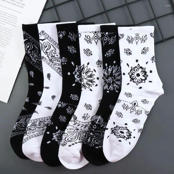 Calzini da donna Nero Bianco Cotone Divertente Fiore Bandana Paisley West Hiphop Street Skate Tubo centrale Calze Skateboard Uomo