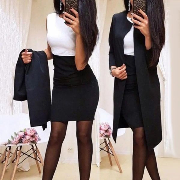 Duas peças vestido senhora terno saia bodycon cor sólida magro 2 pçs escritório outono longo blazer jaqueta mini trabalho casaco blazers conjunto 231219