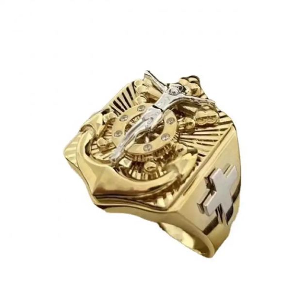 Ancora d'oro giallo vintage 14K Religio Gesù Cross Ring Men Fashion Amulet Jewelry Gift 4611