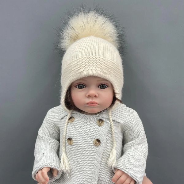 Chapéus de aba larga balde janefur chapéu infantil de gorro com flagas de ouvido angora macio quente peles pom tap fofo crianças bobble 03y 231218