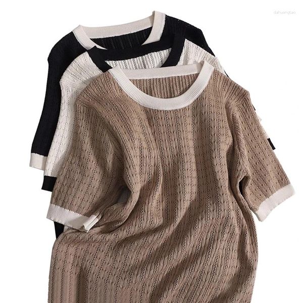 Damen-T-Shirts, Sommer, farblich abgestimmt, O-Ausschnitt, hohl, gerade, kurzärmelig, Strickpullover, elastisches Oberteil, All-Match-Kurz-T-Shirt