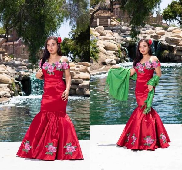 Mexikanische Party-Abendkleider im Meerjungfrau-Stil, schulterfrei, mit Blumenstickerei, Applikationen, süßes 16-Kleid, formelle Ballkleider, lang