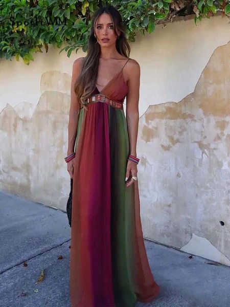 Casual Dresses Frauen Chiffon Tie Dye Sling Langes Kleid Sexy V-Ausschnitt Ärmellos Offener Rücken Hohe Taille Vestidos Sommer Urlaub Strand Party Roben