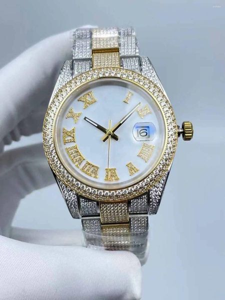Armbanduhren Diamantuhr für Herren – 41-mm-Zifferblatt mit römischer Oberfläche, wasserdichtem Kalenderfenster und mechanischem Uhrwerk