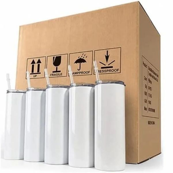 Copos de sublimação de estoque dos EUA 20 onças de aço inoxidável reto em branco canecas copo branco com tampa e palha para transferência de calor DIY presente caneca de café Garrafa ss1205