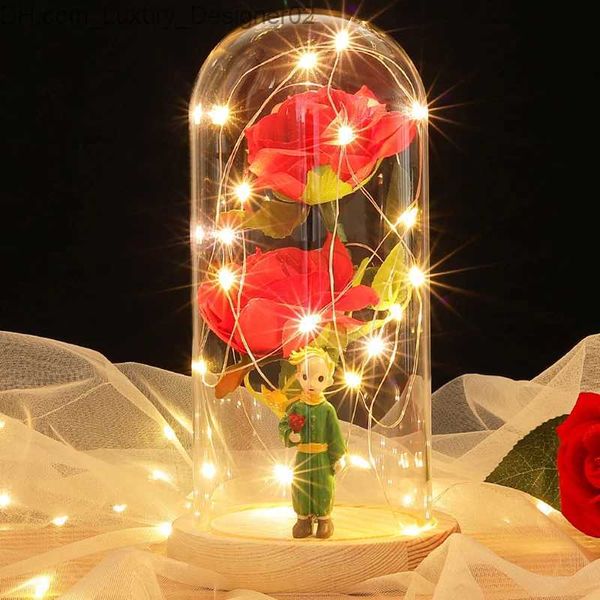 Objetos decorativos estatuetas flores artificiais em tampa de vidro com LED colorido rosa luz raposa enfeites de pequeno príncipe sala de presente de casamento natal Q231219