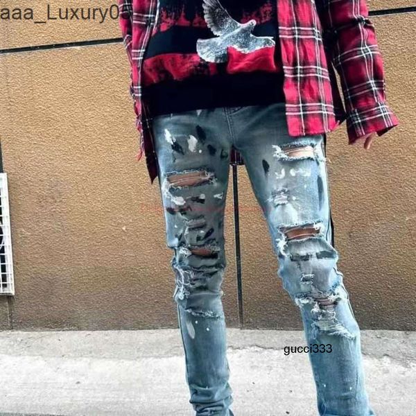 imiri Jeans Splashed Uomo amari amiiri Designer Abbigliamento ires amirl Pantaloni denim ies Amirlies dipinti a mano Jeans strappati con inchiostro Trendy am Womens amis Azzurro lavato O J0FG