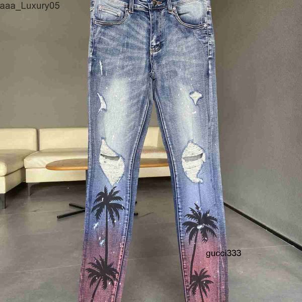 Coconut amari amirl amirlies am amis imiri amiiri roupas de grife ires jeans calças jeans ies 23 novo 6597 azul perfurado jeans com árvore impressão pintura gradiente S STF4