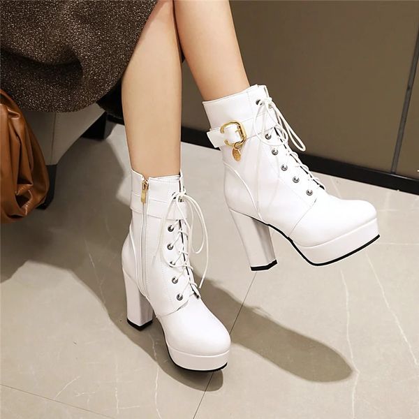 Botas Lace Up Mulheres Ankle Boots Plataforma Moda Saltos Bota Curta Feminino Couro Preto Vermelho Branco Fetiche Festa Sapatos de Dança Tamanho Grande 231219