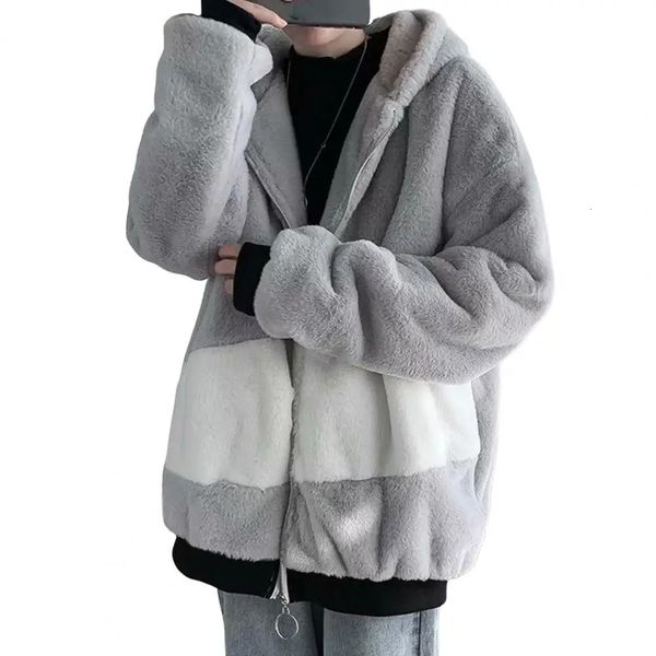 Piumino da uomo Parka Giacca da uomo Harajuku Inverno caldo pelliccia sintetica peluche cerniera manica lunga allentata polsino a coste hip-hop orsacchiotto felpa con cappuccio cappotto 231219