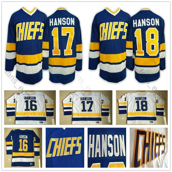 Günstige Man Hanson Brothers #16 #17 #18 Charlestown Chiefs Slap Shot Weiß Blau Film Hockey Trikots Kostenloser schneller Versand