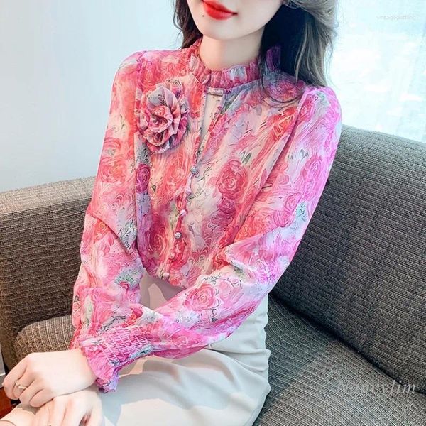 Blusas femininas 2023 outono manga longa floral chiffon camisa design sentido flores tridimensionais doce fino e topos femme