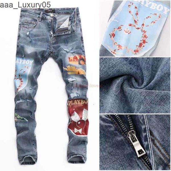 Street amari amirl amirlies am Hole amis imiri amiiri AM Abbigliamento di alta marca es Jeans Denim stampato Pantaloni Primavera es Marchio di moda Coniglio Patch Uomo Elastico Sl 5VX9