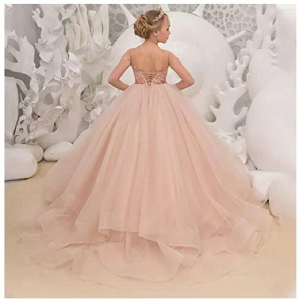 Платья для девочек, элегантное розовое платье с цветочным узором, кружевные аппликации, длинные рукава с короткими рукавами, длинное детское платье принцессы на день рождения, свадьбу, вечеринку для первого причастия