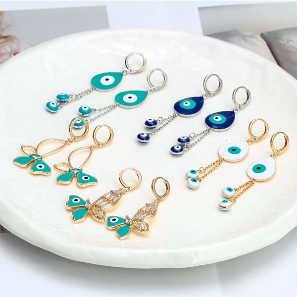 Neue Ankunft Gold Silber Türkisch Blau Schmetterling Quaste Tropfen Evil Eye Ohrringe für Frauen