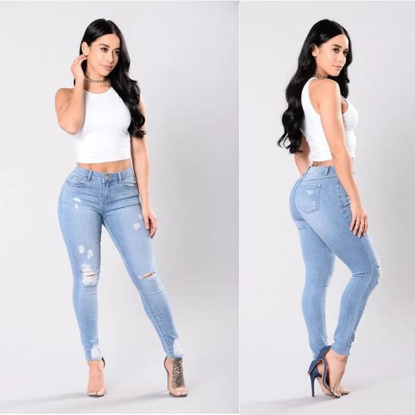 Jeans moda elástica força buracos jeans mulher casual lápis encadernado pés calças calças plus size