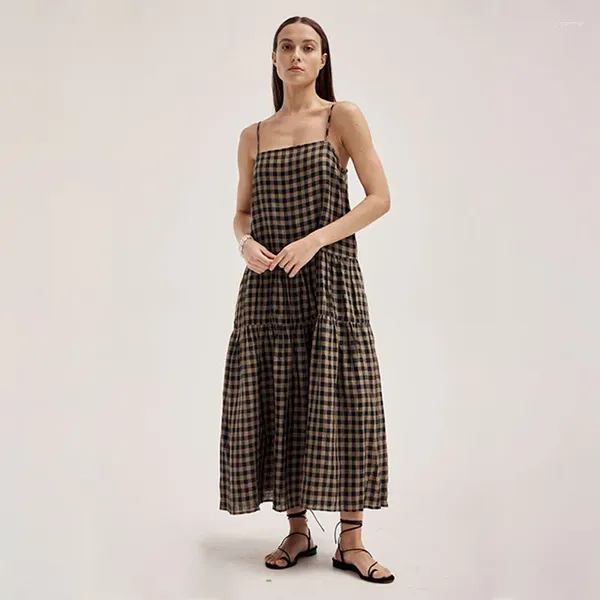 Vestidos casuais algodão linho longo para mulheres retro xadrez sem mangas sem costas verão maxi vestidos de fiesta pedreria