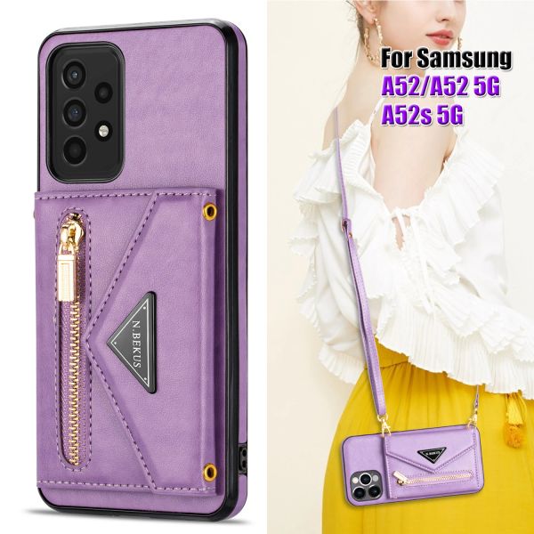 Luxus -Brieftaschen -Ledertasche für Samsung Galaxy A52 A52S 5G S21 S22 S23 Ultra Crossbody Gurt Lanyard Kartenhalter Geldbeutel Reißverschluss Frauen Girl