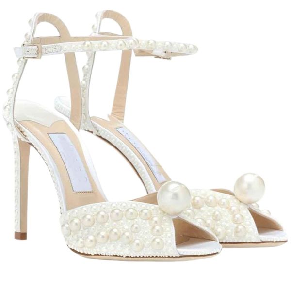 2024 Elegante abito da sposa da sposa Scarpe Sacora Sandali da donna Perle bianche Pelle Marchi di lusso Tacchi alti Donna Scarpe con tacco da passeggio Scatola originale, EU35-43