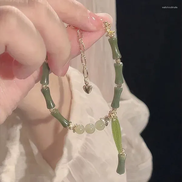 Link-Armbänder, 2 Stück, olivgrünes Bambus-Gelenk-Perlenarmband, Retro-chinesische Freundschaft für Frauen