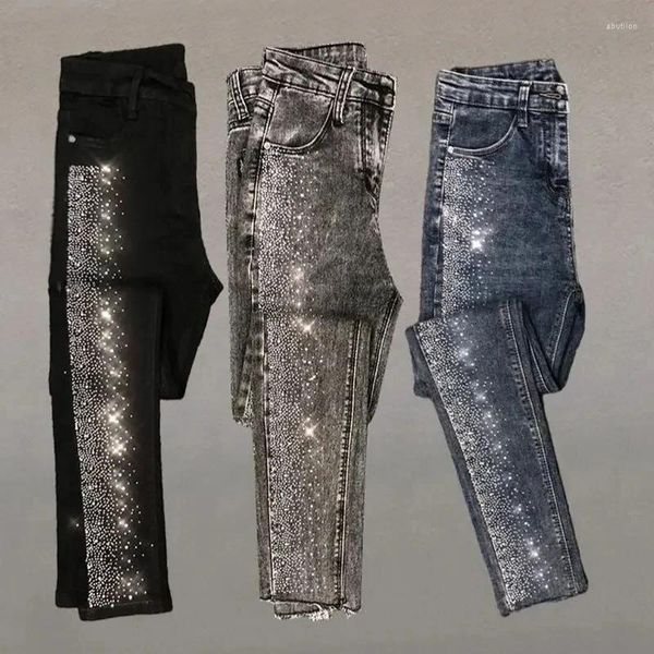 Jeans da donna Primavera Autunno Donna Vintage Diamanti neri Pantaloni da donna a vita alta in denim blu alla caviglia