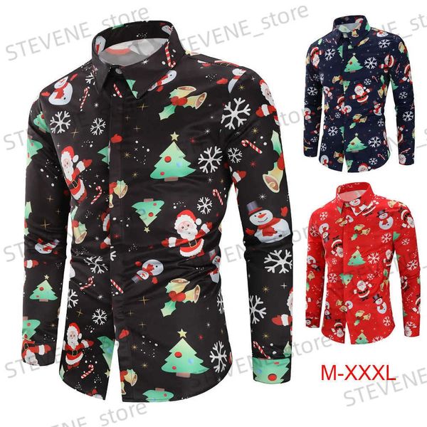 Camisas Casuais Masculinas Divertido Tema de Natal Impressão 3D Camisa de Botão Masculina Moda Camisa Havaiana Festa de Férias Casual Manga Longa Vestido de Rua Top T231220