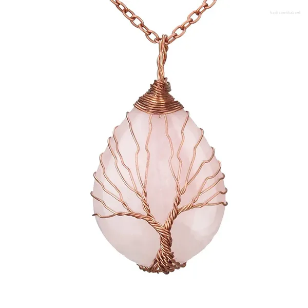 Pingente colares árvore da vida padrão colorido waterdrop pedra natural colar feminino jóias rosa verde cristal druzy energia