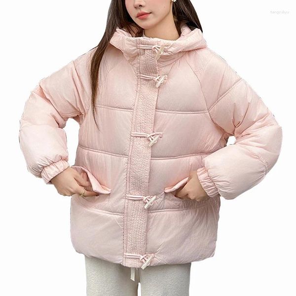 Trench feminina casacos vintage botão com capuz de parques de parques de parques de inverno espessado jaquetas acolchoadas de algodão quente coreano