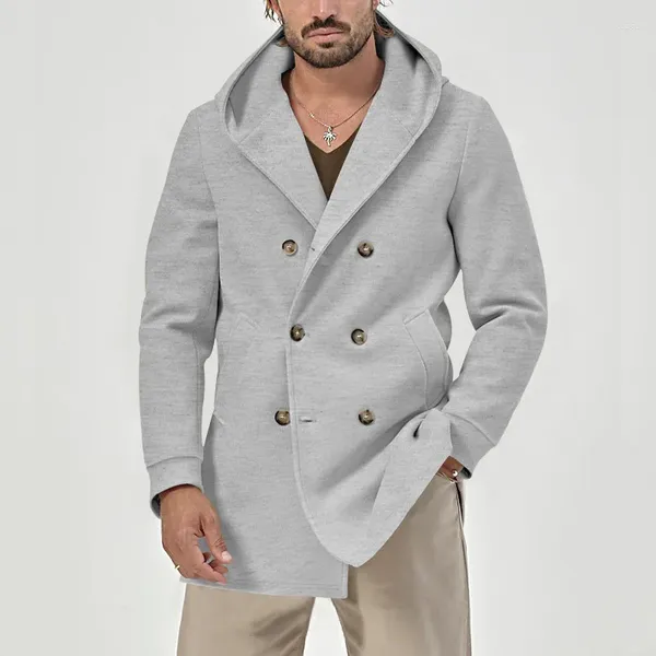 Trench da uomo Cappotto con cappuccio moda invernale con bottoni da uomo Giacca a vento solida allentata casual