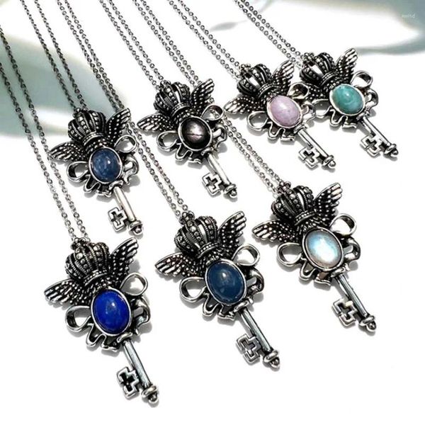 Kolye Kolyeleri Angel Wing Crown Key Stone Doğal Lapis Lazuli Obsidiyen Larimar Ay Zinciri Mücevher Kadın Erkekler