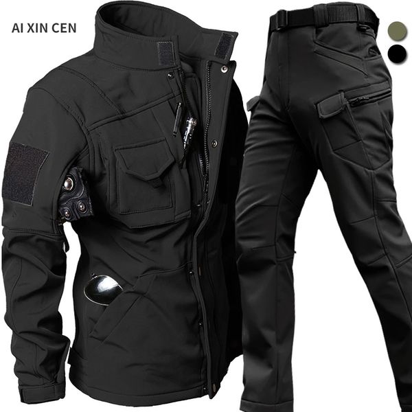 Ветрозащитный водонепроницаемый байкерский костюм, мужская тактическая куртка и брюки, комплекты зимней кожи акулы, военная униформа с мягкой оболочкой, теплые флисовые пальто 231220