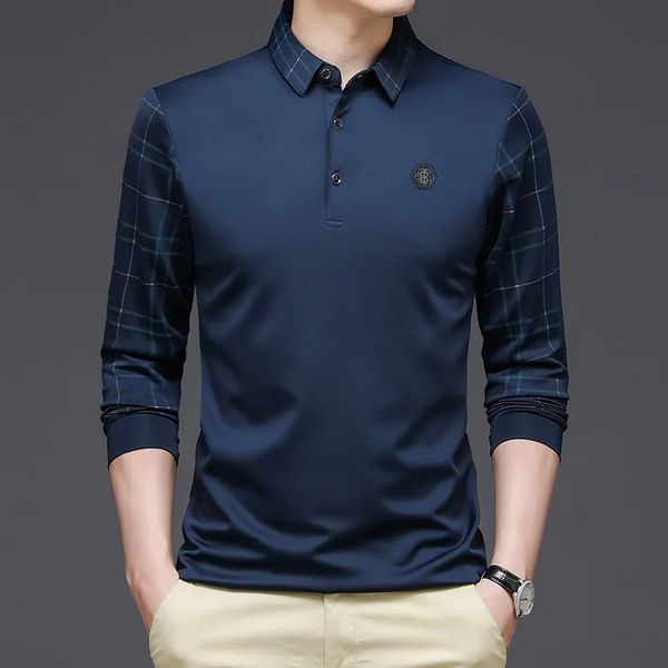 Мужские поло весна осень контрастного цвета в клетку модные рубашки поло с длинным рукавом мужские повседневные пуговицы в корейском стиле Y2K пуловеры 231219