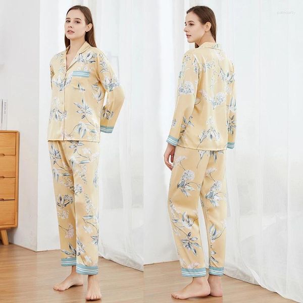 Pijamas femininos amarelo impresso casual casa wear moda cetim calças de mangas compridas 2 pçs sexy lapela lingerie íntima nightwear