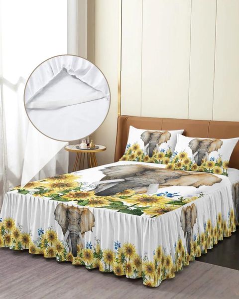 Bettrock, Elefant, Sonnenblume, Blume, weiß, elastisch, Spannbettdecke mit Kissenbezügen, Matratzenbezug, Bettwäsche-Set, Bettlaken