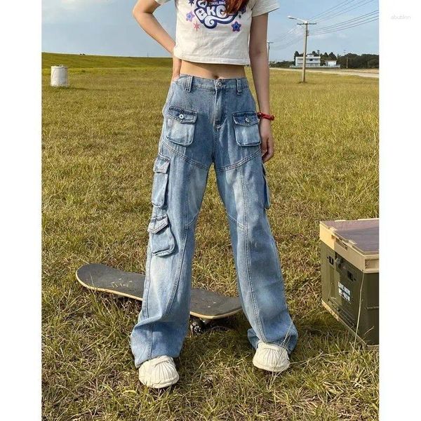 Женские джинсы, американские уличные ретро, стираные, тяжелые промышленные, с несколькими карманами, женские свободные комбинезоны для танцев, широкие брюки, брюки Tide