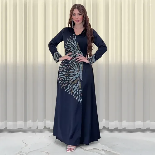 Abbigliamento etnico Dubai Abito da sera in raso Moda Diamond Abaya Abito musulmano Abito sciolto casual Abiti caftano marocchino per donna Cardigan