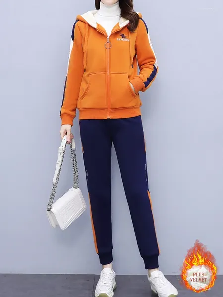 Calças femininas de duas peças de algodão grosso mais veludo sweatsuit mulheres inverno moletom zip up e conjunto casual roupas quentes com capuz