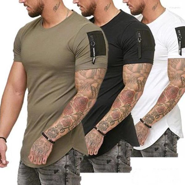 Мужские футболки с коротким рукавом на молнии на плечах Уличная одежда в стиле хип-хоп Летняя рубашка Мужская длинная футболка с изогнутым подолом Тонкая забавная футболка больших размеров