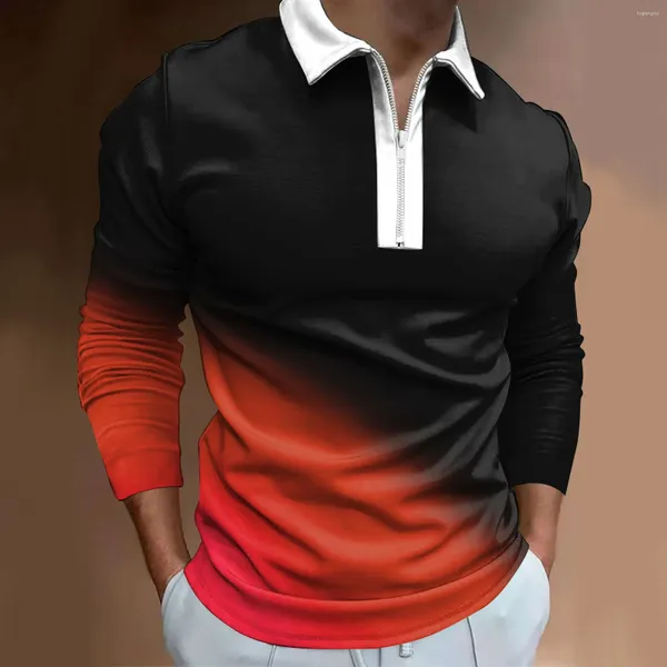 Polo da uomo Uomo Risvolto Cerniera Stampa digitale 3D Polo Camicie Moda Allentato Manica lunga Top T Shirt Autunno Abito da ufficio Blusas