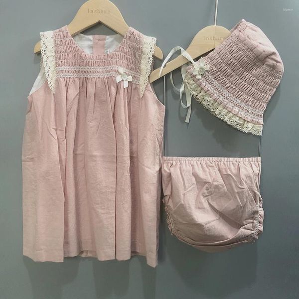 Set di abbigliamento 3 pezzi Set per neonata Abito smock in pizzo di cotone rosa senza maniche con pantaloncini e cappello per 3m-2Y Babi battesimo principessa carina